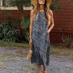 Rip Skirt Midi Dress Floral Pockets Sleeveless XL Sundress Vacation Beach Pool